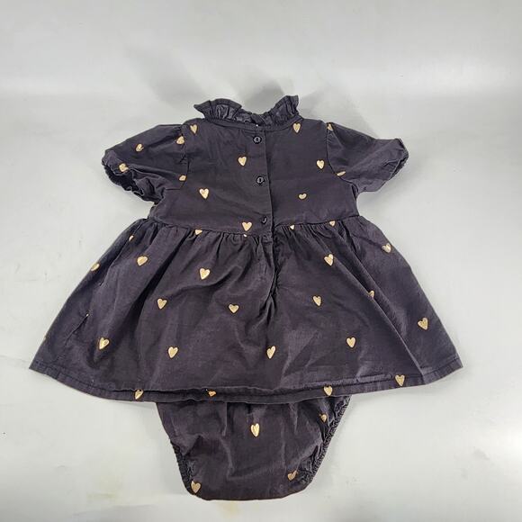 H&M One Piece Mini Dress Infant Baby 12-18M Black Gold Heart Print Puff Sleeves - Picture 3 of 5